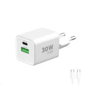 WG - Sieťová nabíjačka GaN 2x USB 30W, 1x USB-C PD3.0 PPS QC4 30W + USB-A 18W, kábel Type-C na Type-C, biela