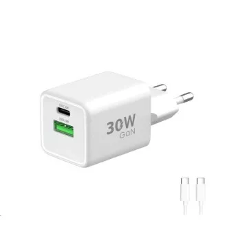 WG - Sieťová nabíjačka GaN 2x USB 30W, 1x USB-C PD3.0 PPS QC4 30W + USB-A 18W, kábel Type-C na Type-C, biela