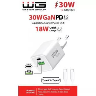 WG - Sieťová nabíjačka GaN 2x USB 30W, 1x USB-C PD3.0 PPS QC4 30W + USB-A 18W, kábel Type-C na Type-C, biela