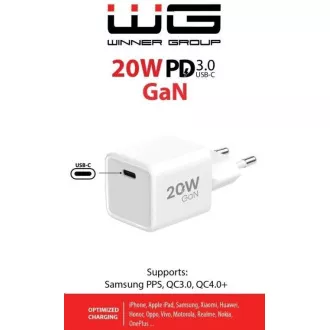 WG - Sieťová nabíjačka GaN 1x USB-C, PD 20W, 5V-9V-12V, biela