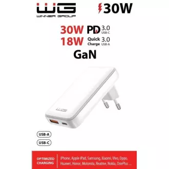 WG - Sieťová nabíjačka GaN 2x USB, 1x USB-C 30W + 1x USB-A 18W, white