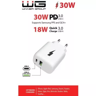 WG - Sieťová nabíjačka 2x USB, 1x USB-C PD PPS 3.0 30W + 1x USB-A QC4 18W, white
