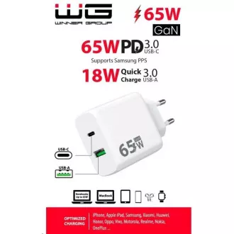 WG - Sieťová nabíjačka GaN 2x USB 65W, 1x USB-C PD 65W + 1x USB-A QC3.0 18W, white