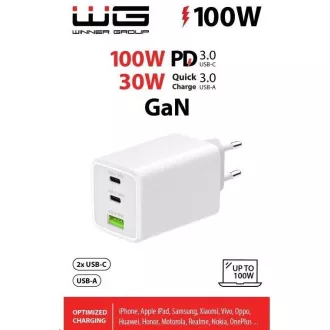 WG - Sieťová nabíjačka GaN 100W, 3x USB, 1x USB-A + 2x USB-C, white