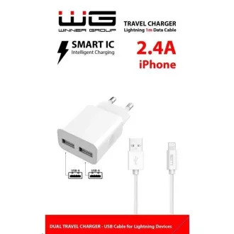 WG - Sieťová nabíjačka 2x USB-A 2, 4A, Smart IC + kábel USB-A na Lightning, white