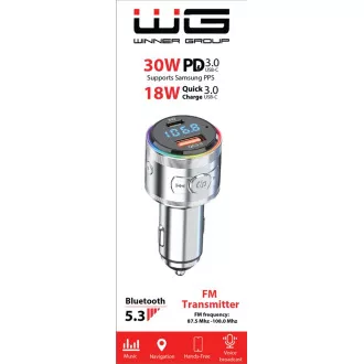 WG - Nabíjačka do auta, Transmitter FM, USB-A QC 3.0 18W + USB-C PD 30W, strieborná