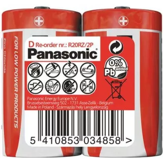 PANASONIC Zinkouhlíkové batérie Red Zinc R20RZ/2P D 1, 5V (shrink 2ks)