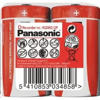 PANASONIC Zinkouhlíkové batérie Red Zinc R20RZ/2P D 1, 5V (shrink 2ks)