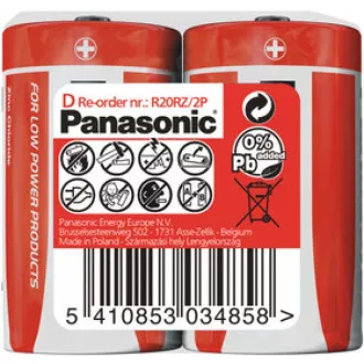 PANASONIC Zinkouhlíkové batérie Red Zinc R20RZ/2P D 1, 5V (shrink 2ks)
