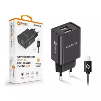 Aligator sieťová nabíjačka, 2x USB, smart IC, 2, 4 A, kábel USB-C 2A, čierna Aligator sieťová nabíjačka, 2x USB, smart IC, 2, 4 A, kábel USB-C 2A, čierna
