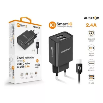Aligator sieťová nabíjačka, 2x USB, smart IC, 2, 4 A, kábel USB-C 2A, čierna Aligator sieťová nabíjačka, 2x USB, smart IC, 2, 4 A, kábel USB-C 2A, čierna