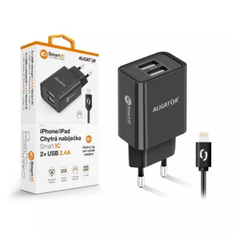 Aligator sieťová nabíjačka, 2x USB, smart IC, 2, 4 A, kábel Lightning 2A, čierna