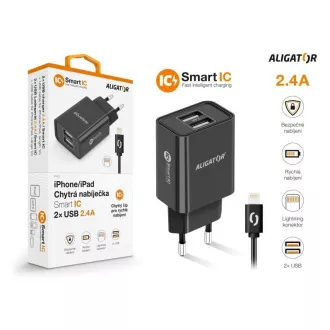 Aligator sieťová nabíjačka, 2x USB, smart IC, 2, 4 A, kábel Lightning 2A, čierna