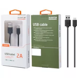 Aligator dátový a nabíjací kábel USB-C s predĺženým konektorom 9 mm, 2A, dĺžka 1 m, čierna