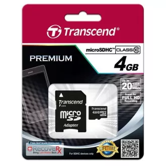TRANSCEND MicroSDHC karta 4GB Class 10 + adaptér