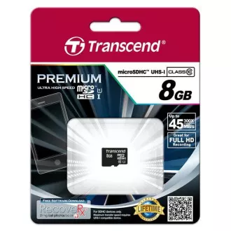 TRANSCEND MicroSDHC karta 8GB Premium, Class 10 UHS-I 300x, bez adaptéra