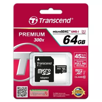 TRANSCEND MicroSDXC karta 64GB Premium, Class 10 UHS-I 400x (R: 85/W: 35 MB/s) + adaptér