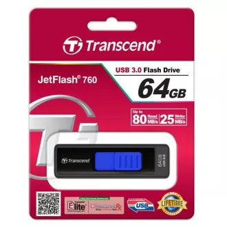 TRANSCEND Flash Disk 64GB JetFlash®760, USB 3.0 (R:80/W:25 MB/s) čierna/tmavo modrá