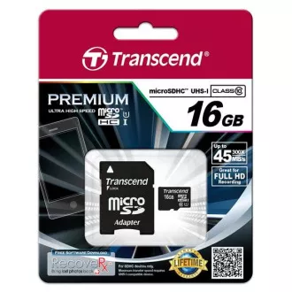 TRANSCEND MicroSDHC karta 16GB Premium, Class 10 UHS-I 300x + adaptér
