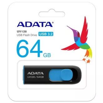 ADATA Flash 64GB UV128, USB 3.1 Dash Drive (R:90/W:40 MB/s) čierna/modrá ADATA Flash 64GB UV128, USB 3.1 Dash Drive (R:90/W:40 MB/s) čierna/modrá