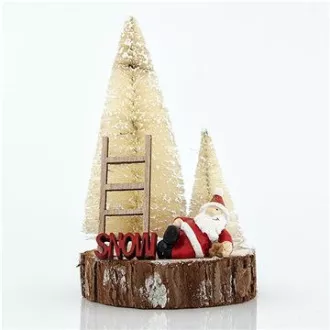 Eurolamp Vianočné dekorácie drevený podklad s bielymi stromčekmi, santou a schodiskom 13 cm, 1 ks