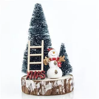 Eurolamp Vianočné dekorácie drevený podklad so stromčekmi, snehuliakom a schodiskom 13 cm, 1 ks