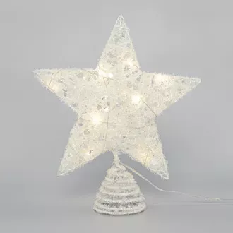 Eurolamp Biela vianočná hviezda na strom s flitrami, 10 teple bielych LED diód, 25,4 cm, 1 ks