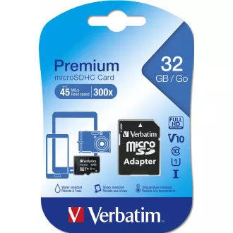 VERBATIM MicroSDHC karta 32GB Premium, U1 + SD adaptér
