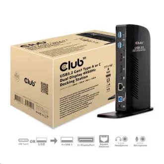 Club3D Dokovacia stanica USB-A alebo USB-C Dual Display 4K60Hz (6x USB 3.0/2x DP/Ethernet/USB-B/2x audio)