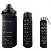 Motivačná športová fľaša 3v1, 2000 ml + 900 ml + 300 ml, Čierna