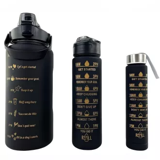 Motivačná športová fľaša 3v1, 2000 ml + 900 ml + 300 ml, Čierna