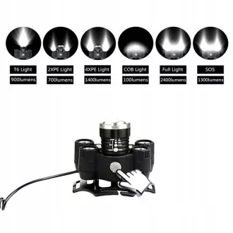 Čelovka CREE 1 x XM-L T6 + 4 x silný Q5 biely + 1 x silný COB + ZOOM opasok