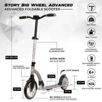 Skladacia kolobežka Story Big Wheel Advanced 200mm, šedá