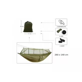 Závesná kempingová sieť 260x140 cm, pre jednu osobu, nosnosť až 190 kg, Zelená