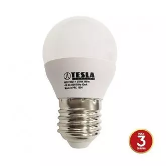 TESLA - LED MG270427-1, žiarovka mini BULB E27, 4W, 230V, 320lm, 15 000h, 2700K teplá biela, 180 °