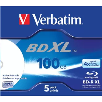 VERBATIM BD-R XL (5-pack) Blue-Ray/Jewel/DL/4x/100GB/ WIDE WHITE INKJET PRINTABLE HARDCOAT SURFACE