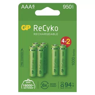 Nabíjacia batéria, AAA (HR03), 1.2V, 950 mAh, GP, papierová krabička, 6-pack, ReCyko Nabíjacia batéria, AAA (HR03), 1.2V, 950 mAh, GP, papierová krabička, 6-pack, ReCyko