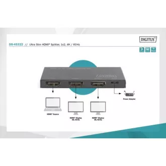 Digitus Ultra tenký HDMI Rozbočovač, 1x2, 4K/60Hz HDR, HDCP 2.2, 18 Gbps, Micro USB napájané