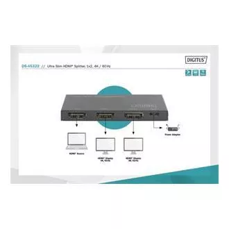 Digitus Ultra tenký HDMI Rozbočovač, 1x2, 4K/60Hz HDR, HDCP 2.2, 18 Gbps, Micro USB napájané