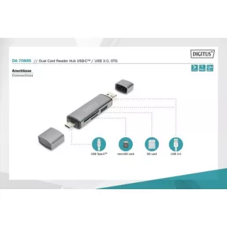 Digitus dvojitá čítačka kariet OTG (USB-C + USB 3.0) 1x SD, 1x MicroSD, 1x USB 3.0, šedá