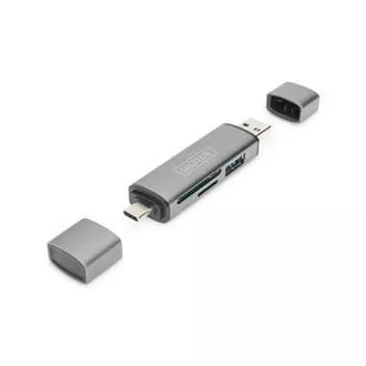 Digitus dvojitá čítačka kariet OTG (USB-C + USB 3.0) 1x SD, 1x MicroSD, 1x USB 3.0, šedá