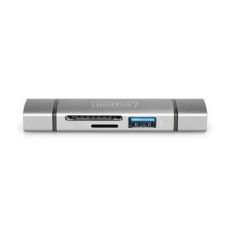 Digitus dvojitá čítačka kariet OTG (USB-C + USB 3.0) 1x SD, 1x MicroSD, 1x USB 3.0, šedá
