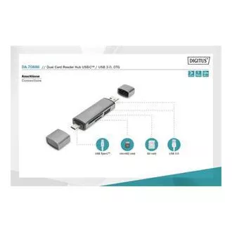 Digitus dvojitá čítačka kariet OTG (USB-C + USB 3.0) 1x SD, 1x MicroSD, 1x USB 3.0, šedá