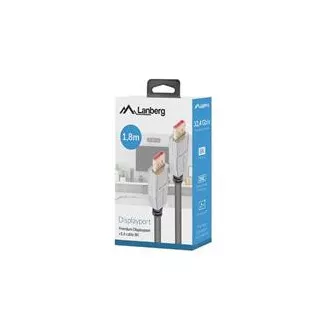 LANBERG pripojovací kábel DisplayPort 1.4 M/M, 8K@60Hz, 5K@120Hz, dĺžka 1,8m, čierny, so západkou, pozlátené konektory LANBERG pripojovací kábel DisplayPort 1.4 M/M, 8K@60Hz, 5K@120Hz, dĺžka 1,8m, čierny, so západkou, pozlátené konektory