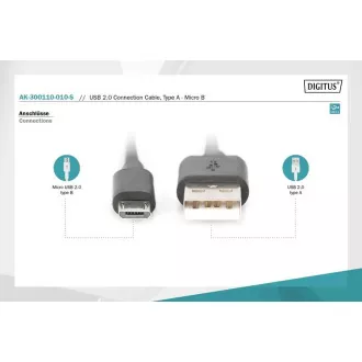 Digitus USB 2.0 kábel USB A samec na USB micro B samec, 2x tienený, Meď, 1m