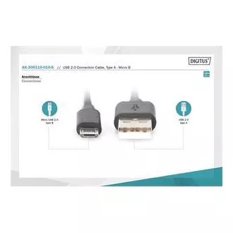 Digitus USB 2.0 kábel USB A samec na USB micro B samec, 2x tienený, Meď, 1m
