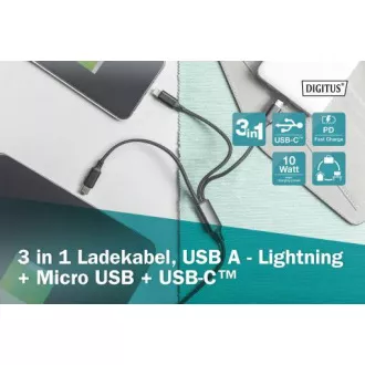 USB nabíjací kábel, 3 v 1, USB A - Lightning+micro B+Type-C 1m, kábel, bavlna, CE, bl USB nabíjací kábel, 3 v 1, USB A - Lightning+micro B+Type-C 1m, kábel, bavlna, CE, bl