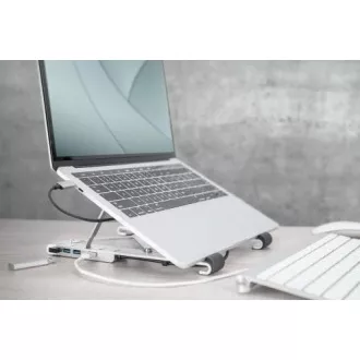 DIGITUS skladací stojan na notebook s integrovaným 5 Portovým USB 3.0 rozbočovačom, PD Nabíjanie, vstup USB-C, strieborný