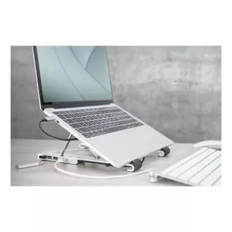 DIGITUS skladací stojan na notebook s integrovaným 5 Portovým USB 3.0 rozbočovačom, PD Nabíjanie, vstup USB-C, strieborný