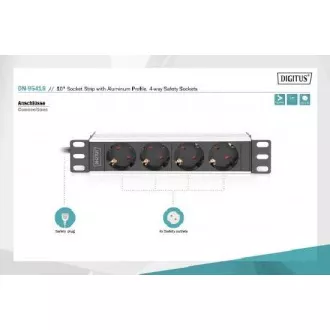 DIGITUS 10" zásuvkový pás s hliníkovým profilom, 4-cestné bezpečnostné zásuvky DIGITUS 10" zásuvkový pás s hliníkovým profilom, 4-cestné bezpečnostné zásuvky